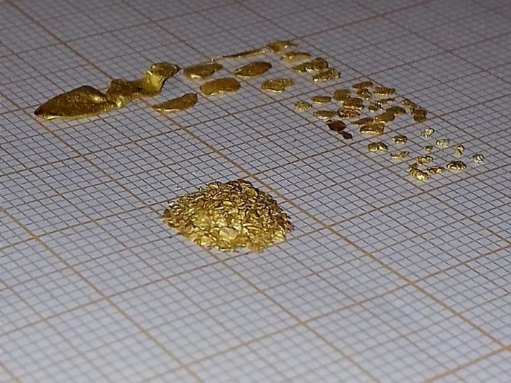 paillettes d'or et pépite en orpaillage