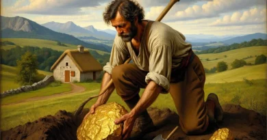 représentation d'un agriculteur trouvant une énorme pépite d'or dans son champ