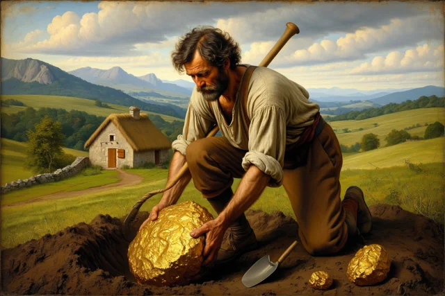 représentation d'un agriculteur trouvant une énorme pépite d'or dans son champ