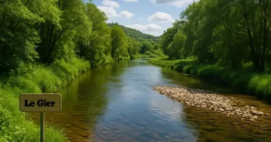 ue panoramique de la rivière Le Gier serpentant à travers la vallée verdoyante au lever du soleil.