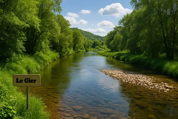 ue panoramique de la rivière Le Gier serpentant à travers la vallée verdoyante au lever du soleil.