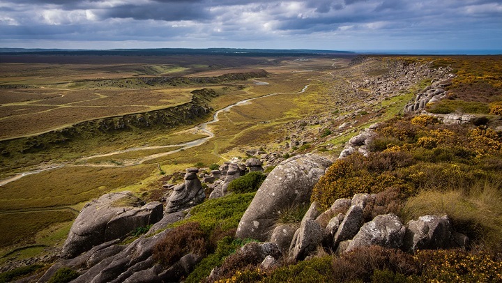 Vue d'un paysage alluvionnaire dans une région comme le Massif Central ou Armoricain en France, illustrant les zones de prospection où les minéraux lourds, y compris le zircon, sont concentrés. La présence de ces minéraux satellites transforme la recherche d'or en une lecture de l'histoire géologique locale.