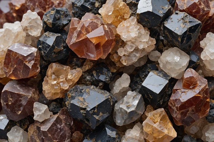 Gros plan sur une collection de minéraux denses : grenat rouge-brun, magnétite noire, ilménite, rutile et monazite. Ces compagnons du zircon, aux densités variées, indiquent des conditions idéales pour la concentration des particules lourdes, y compris l'or, en orpaillage.