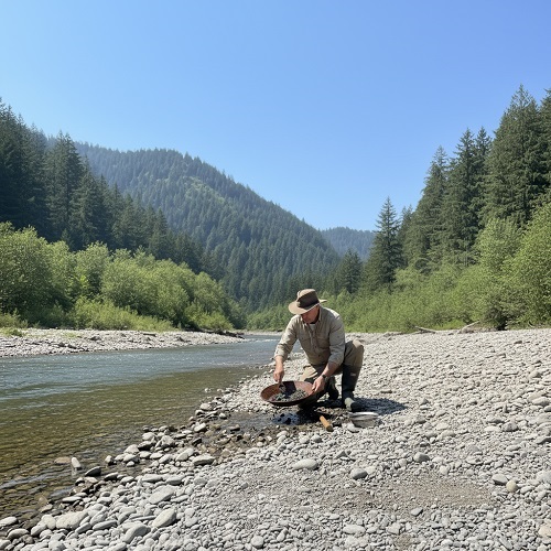 Homme utilisant une batée pour chercher des minéraux dans un paysage naturel.