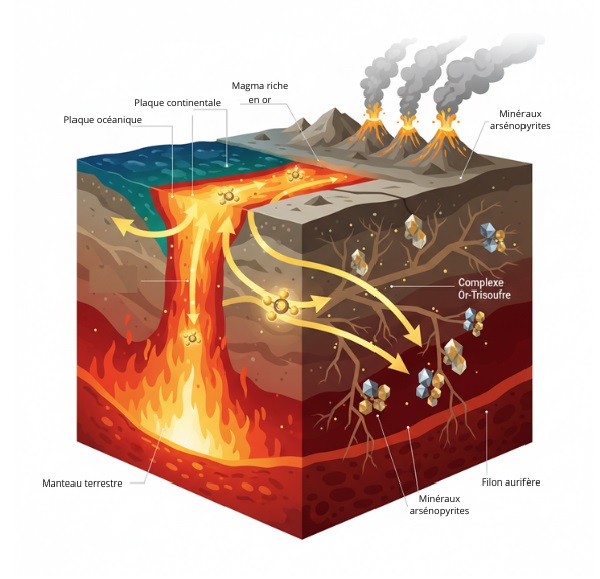 Une illustration stylisée montrant une coupe transversale de la Terre au niveau d'une zone de subduction. On y verrait la plaque océanique plongeant sous la plaque continentale. Des flèches lumineuses ou dorées symboliseraient le cheminement du complexe or-trisoufre : partant du manteau, remontant avec le magma, puis se concentrant dans des filons stylisés près de la surface, au sein de roches volcaniques. On pourrait y insérer des icônes discrètes représentant le soufre et l'or pour le complexe, et des minéraux (pyrite/arsénopyrite) agissant comme "pièges" près de la surface. L'ensemble serait coloré mais didactique, avec une dominante de teintes chaudes pour le magma et la profondeur, et des bleus/verts pour la surface.