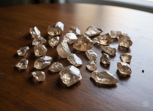 Pierres précieuses non taillées posées sur une surface en bois.