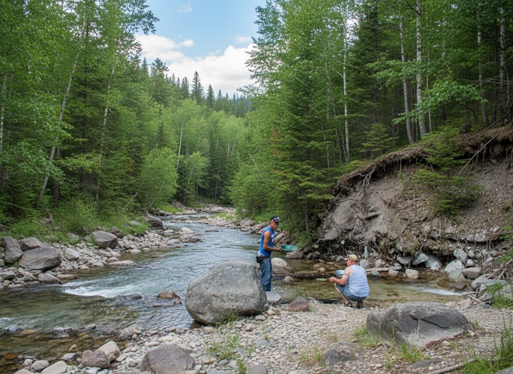 Prospecteur utilisant une batée dans un ruisseau de montagne.