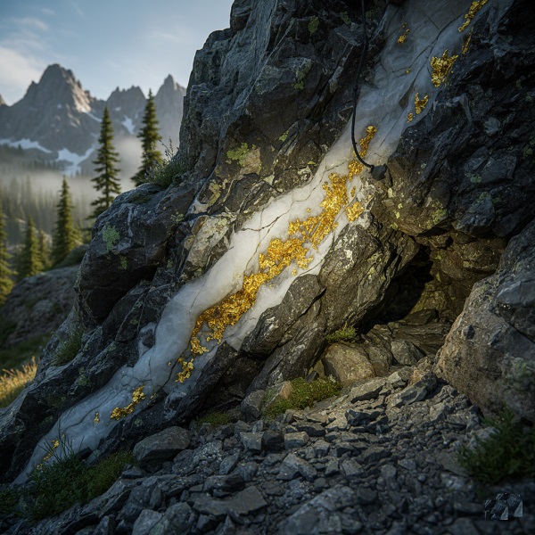 Schéma géologique d'un filon d'or natif (Au) incrusté dans une veine de quartz (SiO₂) traversant une roche hôte métamorphique, le tout situé dans un environnement montagneux