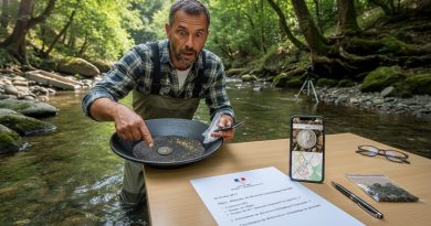 un orpailleur en plein nettoyage de concentré trouvant une très vielle monnaie en argent médiévale au bord de la rivière