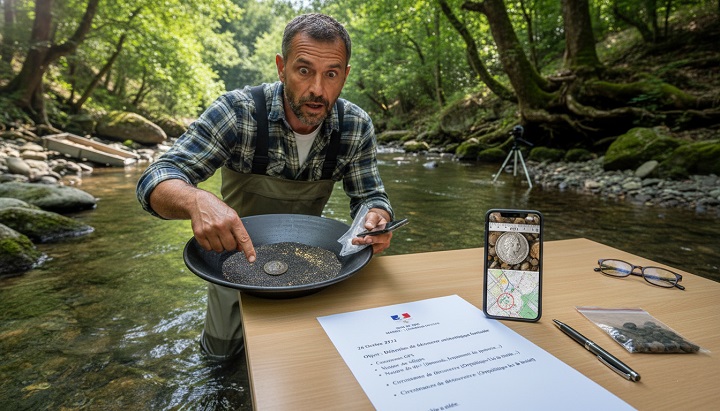 un orpailleur en plein nettoyage de concentré trouvant une très vielle monnaie en argent médiévale au bord de la rivière