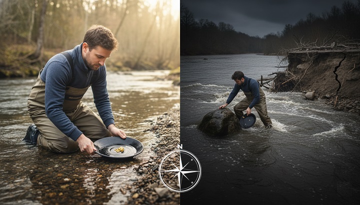 image montrant une situation a risque de l'orpaillage et une situation en toute sécurité