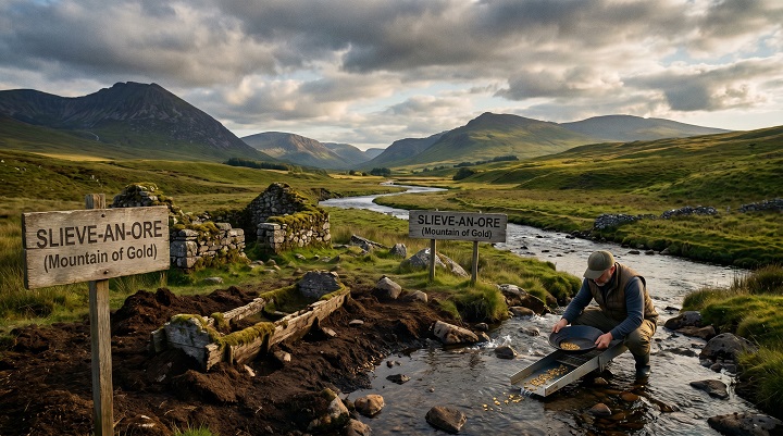 Orpaillage : Où trouver de l'or en Irlande ? 1 Chercheur d'or travaillant dans une rivière au pied de la montagne Slieve-An-Ore, paysage naturel avec ruines en pierre en Irlande.