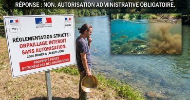 Orpailleur devant un panneau officiel de la DDT interdisant l'orpaillage sans autorisation sur une berge de rivière en France.