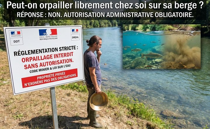 Orpailleur devant un panneau officiel de la DDT interdisant l'orpaillage sans autorisation sur une berge de rivière en France.