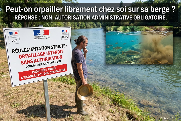 Peut-on orpailler librement chez soi sur sa berge ? 1 Orpailleur devant un panneau officiel de la DDT interdisant l'orpaillage sans autorisation sur une berge de rivière en France.