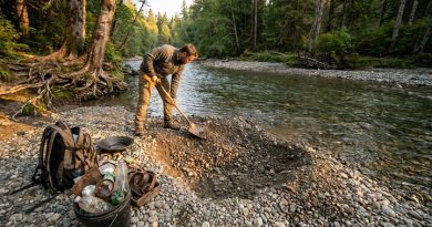 Orpailleur remettant en état une berge après une session de prospection et ramassant des déchets sur le site.