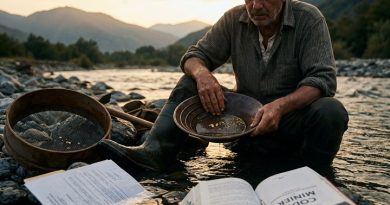 Orpailleur avec bâtée et paillettes d'or au bord d'une rivière, à côté d'un document officiel et du Code minier ouvert