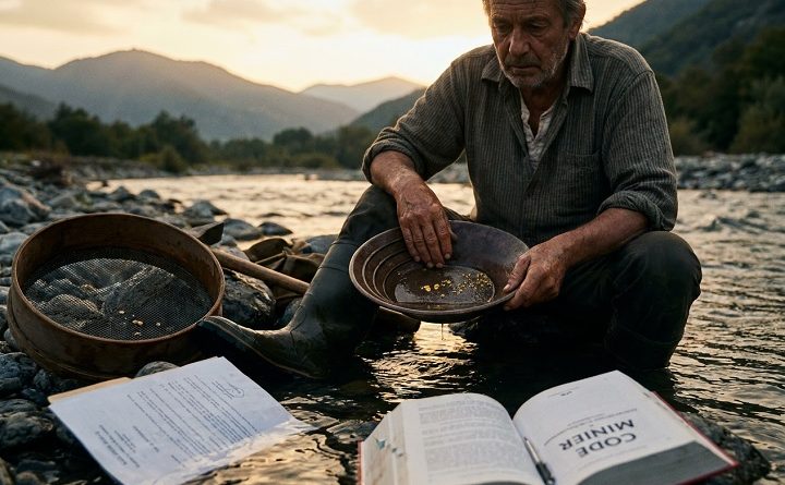 Orpailleur avec bâtée et paillettes d'or au bord d'une rivière, à côté d'un document officiel et du Code minier ouvert