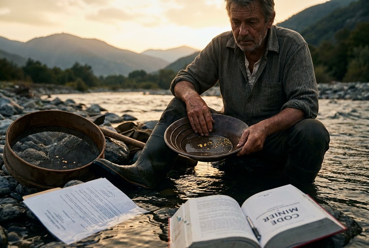 Orpailleur avec bâtée et paillettes d'or au bord d'une rivière, à côté d'un document officiel et du Code minier ouvert