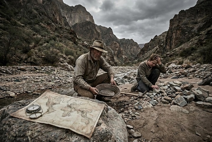 Montagne ou rivière : où trouver de l'or ? 2 Prospecteur adulte et un enfant étudiant une carte topographique sur un rocher en bord de rivière pour localiser de l'or