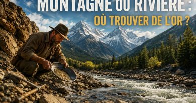 Prospecteur utilisant une batée dans une rivière au pied des montagnes pour trouver de l'or