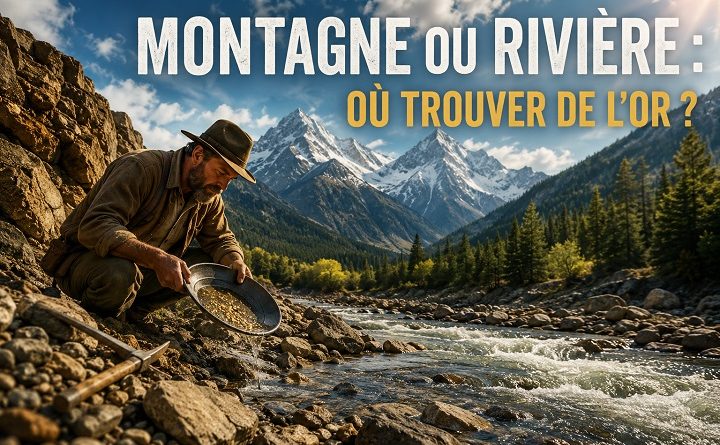 Prospecteur utilisant une batée dans une rivière au pied des montagnes pour trouver de l'or