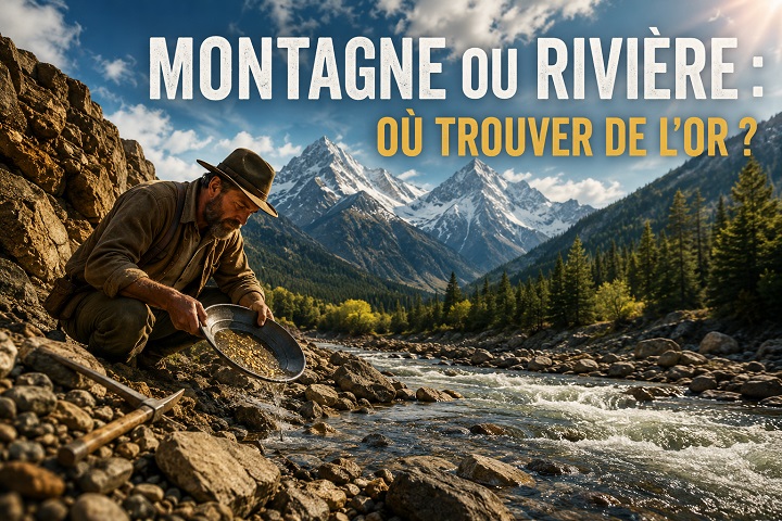 Montagne ou rivière : où trouver de l'or ? 1 Prospecteur utilisant une batée dans une rivière au pied des montagnes pour trouver de l'or