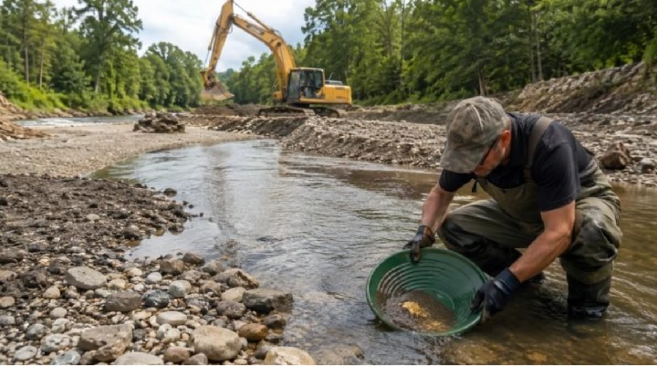 Homme pratiquant l'orpaillage avec une batée verte dans une rivière en cours de curage par une pelle mécanique.